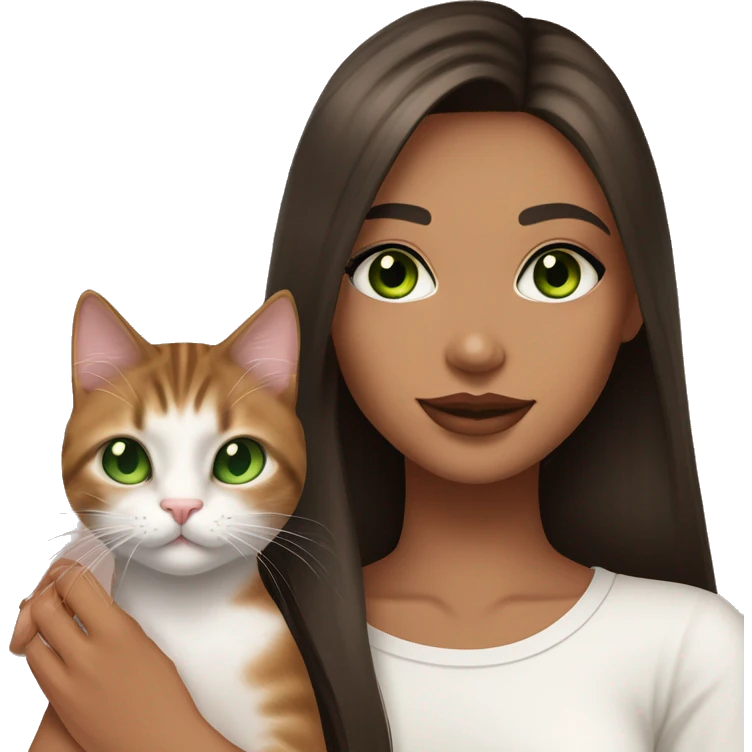 A girl with green eyes and dark brown straight hair, and makeup nude lipstick  and eyelashes, slightly tanned, oval light pink fingernails ,white top, holding a brown tabby cat with green eyes  emoji