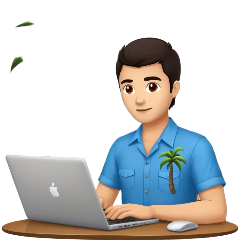 A digital nomad in bali working on a laptop wearing a tropical blue shirt with a palm tree on the side emoji