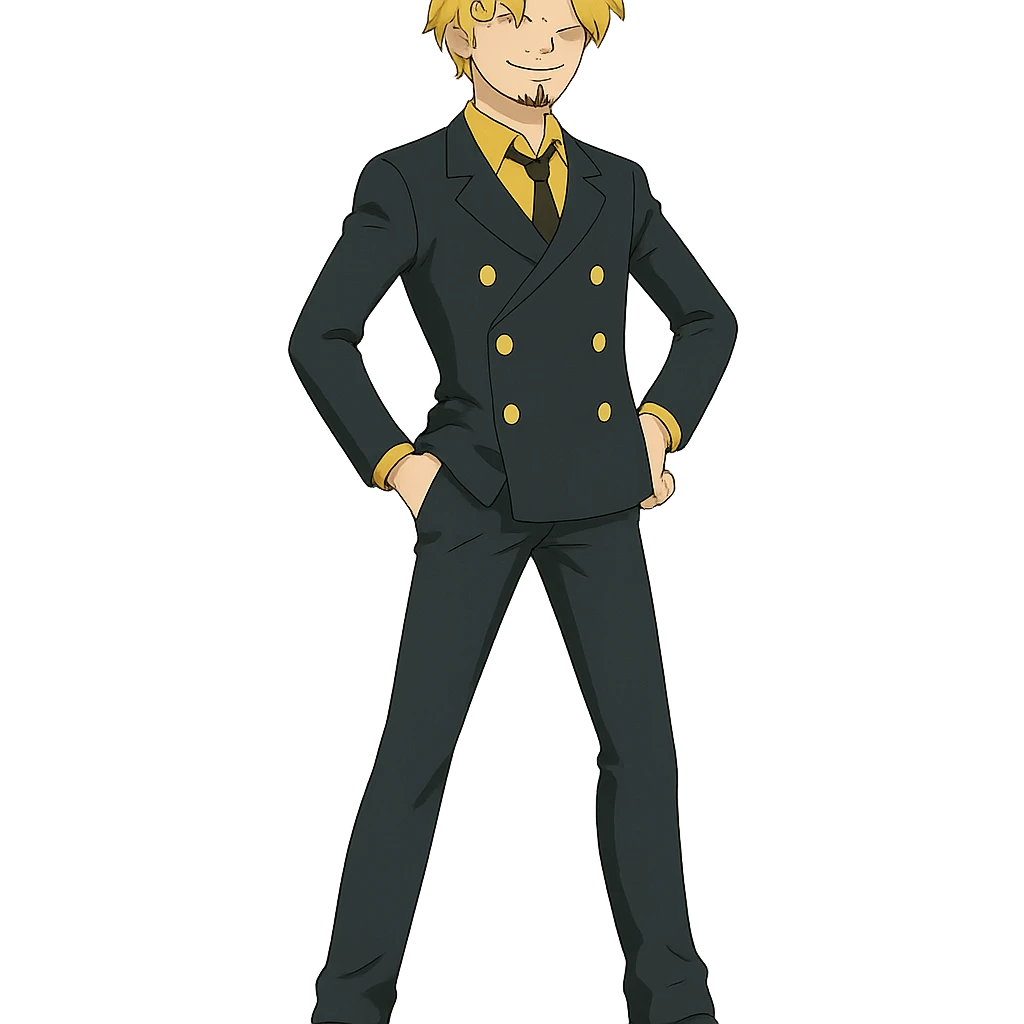 full body Sanji from One Piece, anime style, iconic curly eyebrow, blond hair, wearing black suit, confident pose emoji
