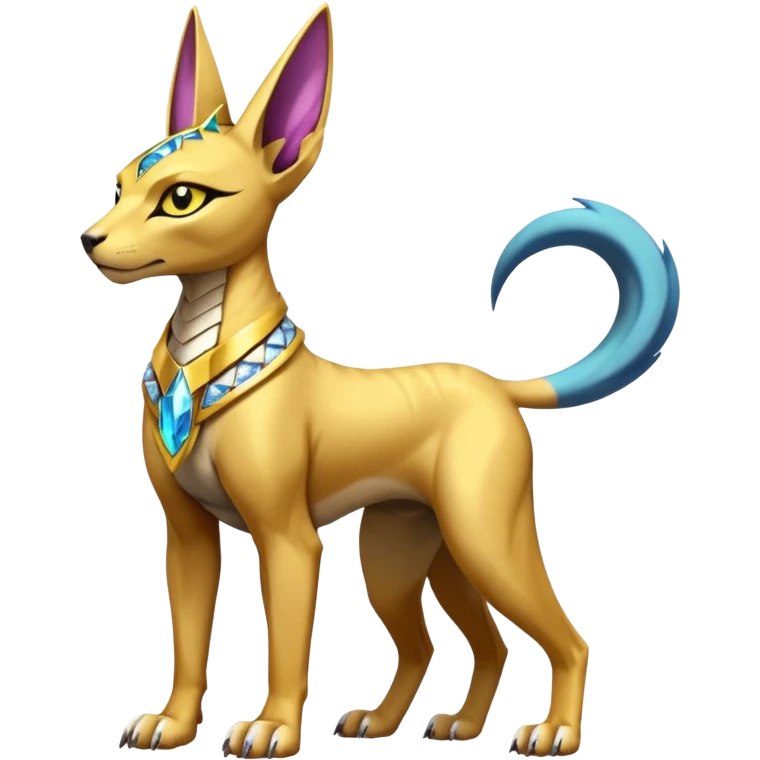 Modern futuristic shiny diamond colorful Anubis-Sphynx-Lombax-Zeraora-Renamon-fusion (full body) emoji