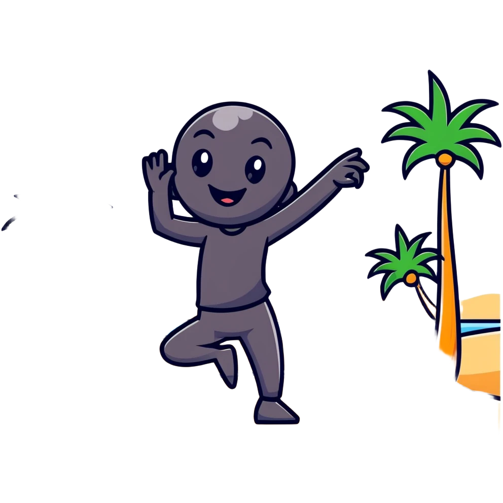 Happy cartoon character dancing on beach with sun rays highlighting them, tripa tropa party mood, sand and palm trees emoji