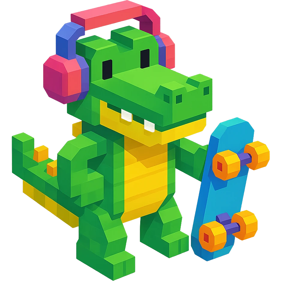 crocodile with headphones holding a skateboard, isometric view, voxel style emoji