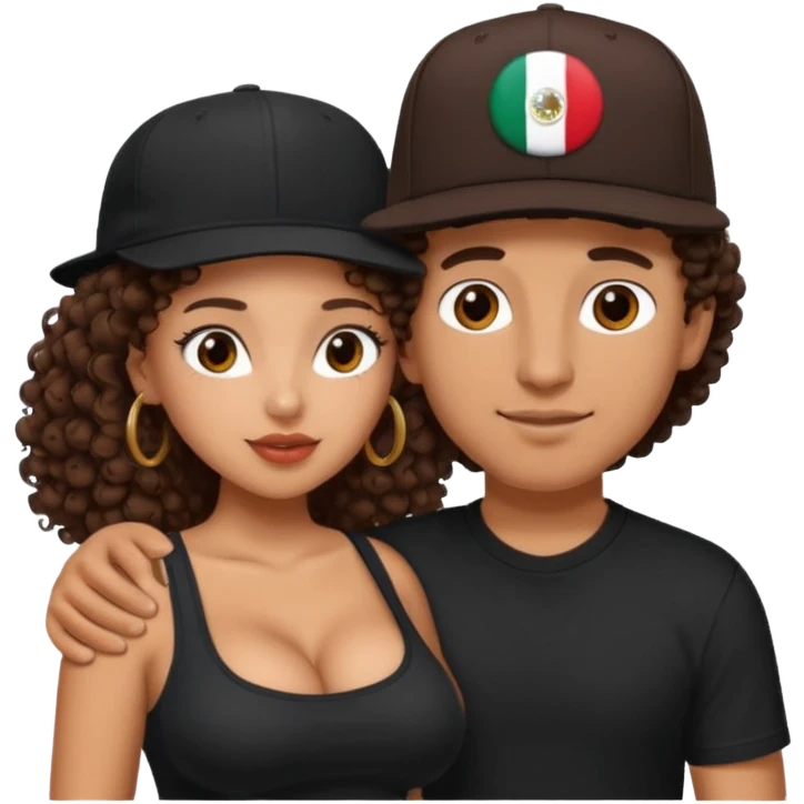 A picture of a tanned couple embracing. the guy is Mexican, with a bald hair cut and he has a SnapBack hat on. The girl is mixed, the girl is wearing a black shirt, the girl has brown curly big hair and the girl has big boobs  emoji