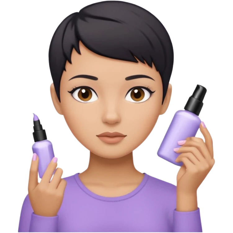 tan girl with pastel purple shirt with black hair & a pixie, doing her skin care emoji