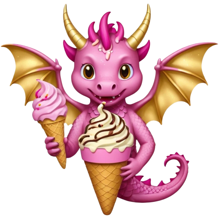 A dragon with its shiny glittered wings in pink tones and pink and gold legs, eats vanilla and chocolate ice cream emoji