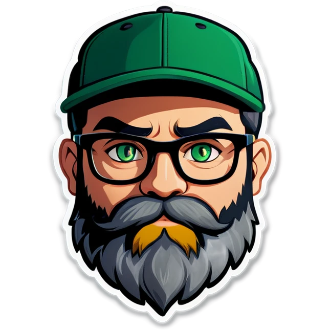 A bold man with a grey baseball cap, green eyes, big beard and glasses holding a black cat emoji