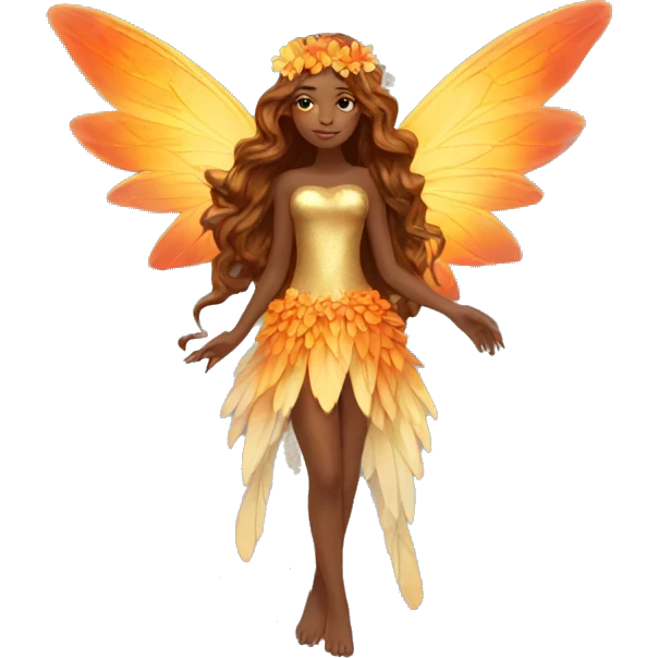 big wings, flower, Beautiful, fairy, gold, orange,red, long hair emoji