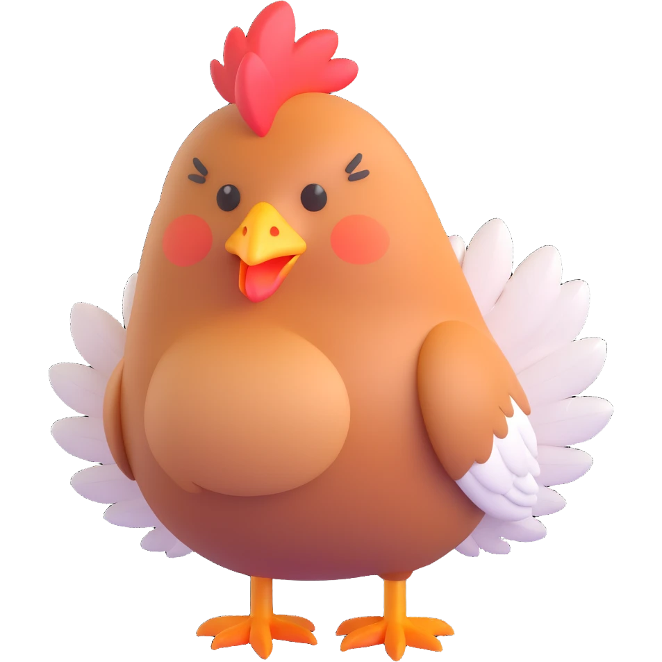 cute hen with fluffy feathers, standing, tiny beak, blushing cheeks emoji