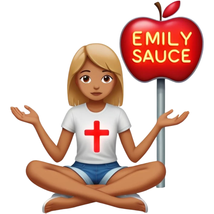 Girl sitting cross cross apple sauce with a neon sign saying Emily  emoji
