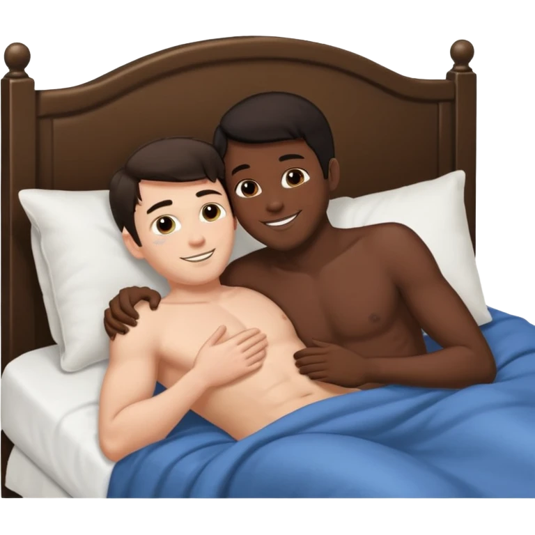 Dark hair adult White male laying back on the bed naked kissing adult black male emoji