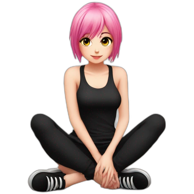 Full body Front view curvy emo girl pink hair sits on the floor straight view hands up black skirt белые трусики полосатые рваные чулки emoji