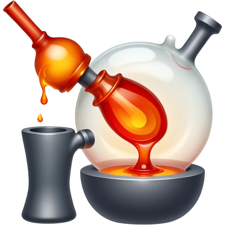 Glassblowing and casting icon, molten glass being shaped into a delicate object with a blowpipe, glowing red-hot glass being poured into a mold, unfinished glass sculpture, minimalistic style, clean lines, transparent background. emoji