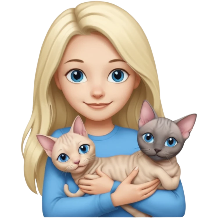 girl with long split-dye hair half blonde half black and blue eyes smiling with two grey sphynx cats in her arms emoji style emoji