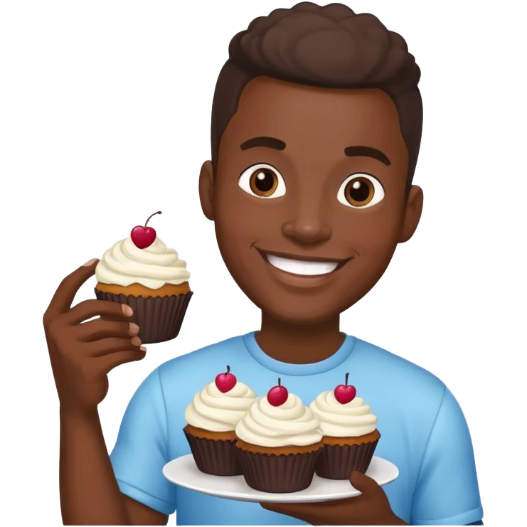 Cartoon of a very large smiling African American man holding cupcakes emoji