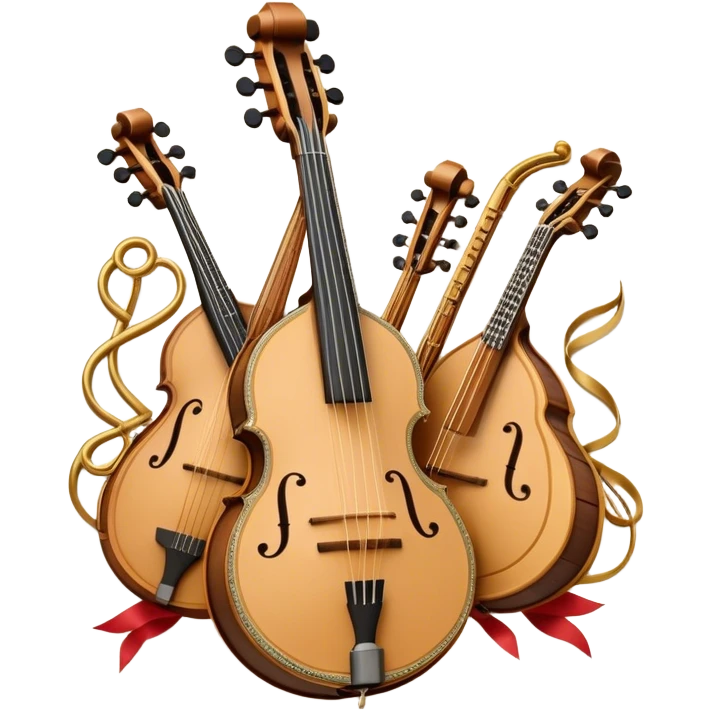 Design a sophisticated and festive emblem-like emoji representing plucked and stringed instruments. The layout should resemble a heraldic crest, featuring iconic instruments like a banjo, mandolin, domra, and sitar, artistically arranged in an elegant and symmetrical way. The necks of the instruments should be intertwined with a flowing ribbon of musical notes, winding around the strings and fretboards. The design should be detailed, showcasing the intricate carvings on the instruments, visible strings, and fret markers. Use a rich color palette with deep golds, browns, and vibrant accents to evoke a sense of luxury and celebration. The musical notes should appear to float around the instruments, connecting them in a graceful, dynamic way. Include ornate flourishes or decorative elements like laurels, swirls, or subtle engravings to give the image a professional, emblematic appearance. The background should be transparent. emoji