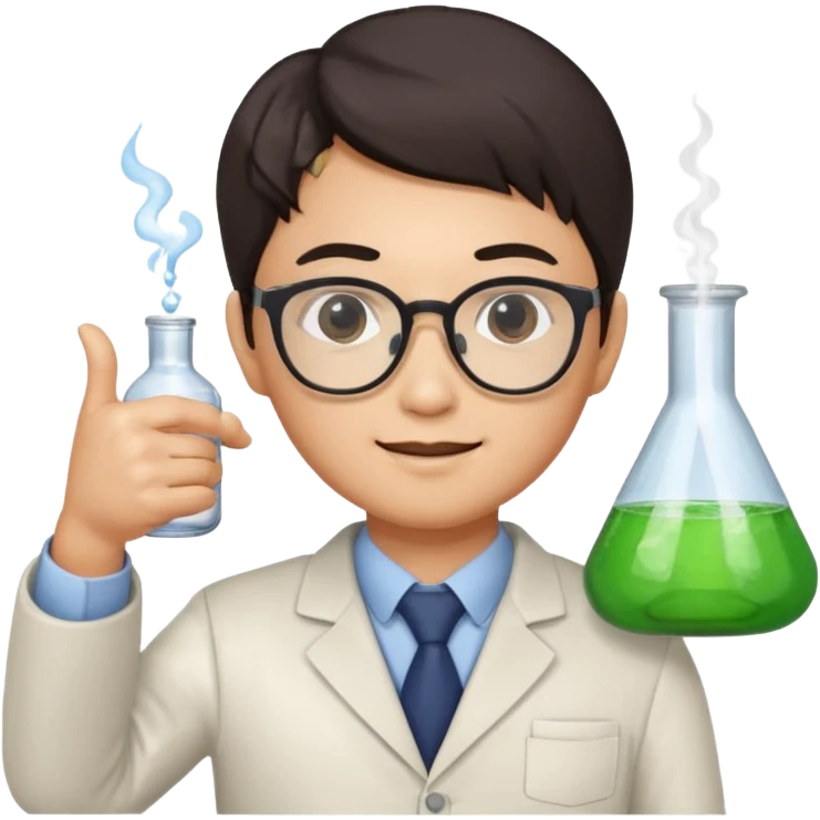 asian chemistry teacher wearing glasses holdin a flask pointing right emoji