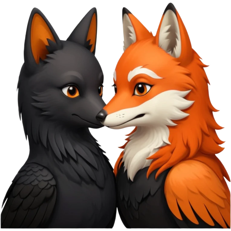A female crow and a male fox kissing each other. emoji