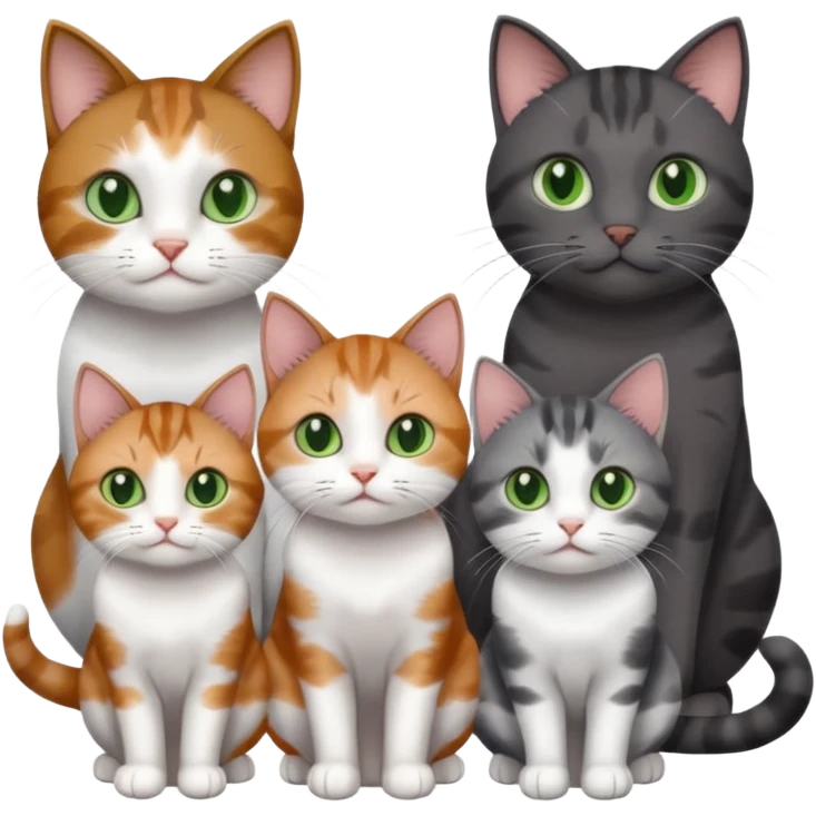 4 different coloured small cats including a dark grey and white, and a patchy calico, and a brown tabby and white,  and a completely solid dark grey with green eyes and only white paws emoji