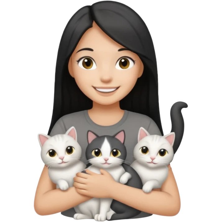 a pretty tan bratz girl with black long straight hair, wearing a grey tshirt smiling and holding 3 white cat\ emoji