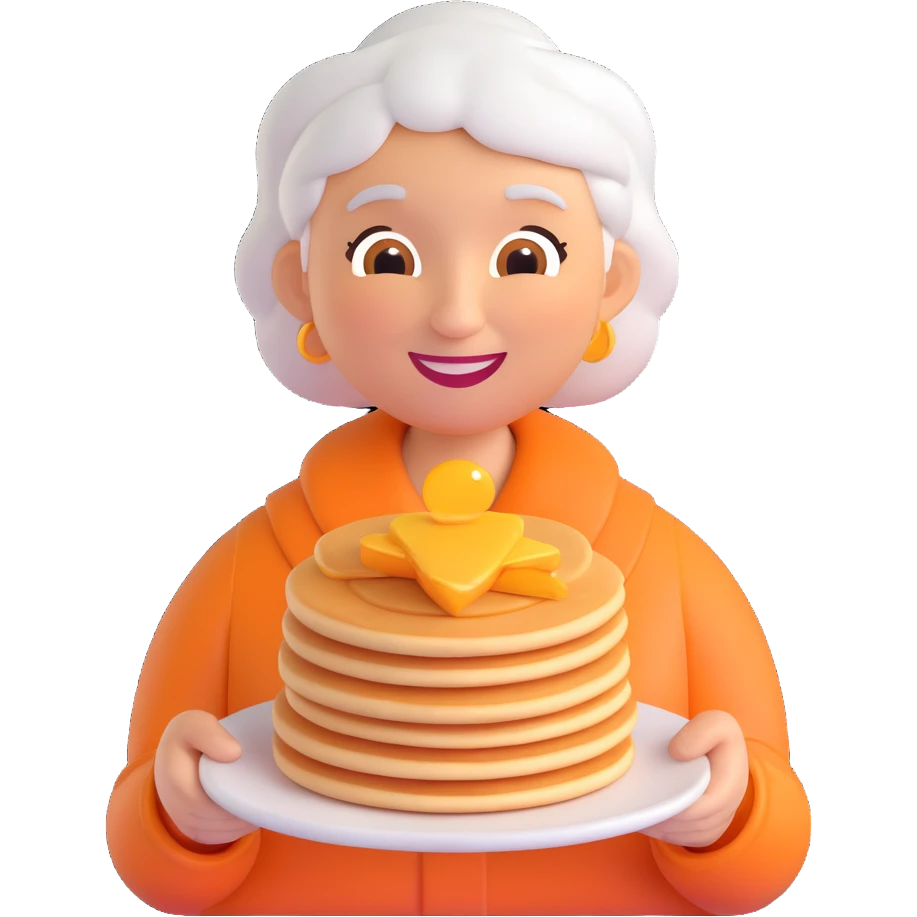 3D smiley emoji, round shape, grandmother with pancakes, orange color, smiling face emoji