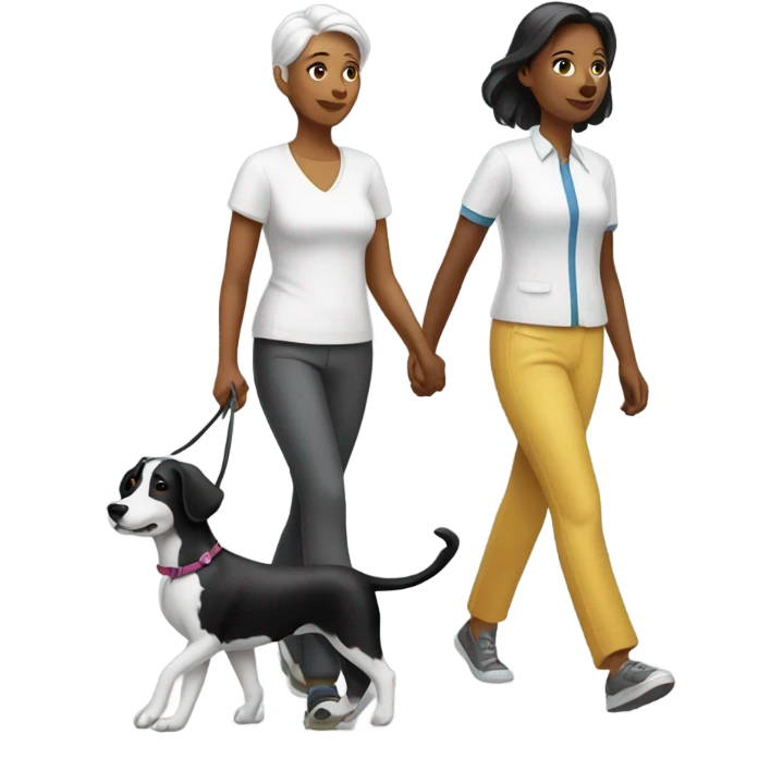 2 ladies walking a black and white dog emoji