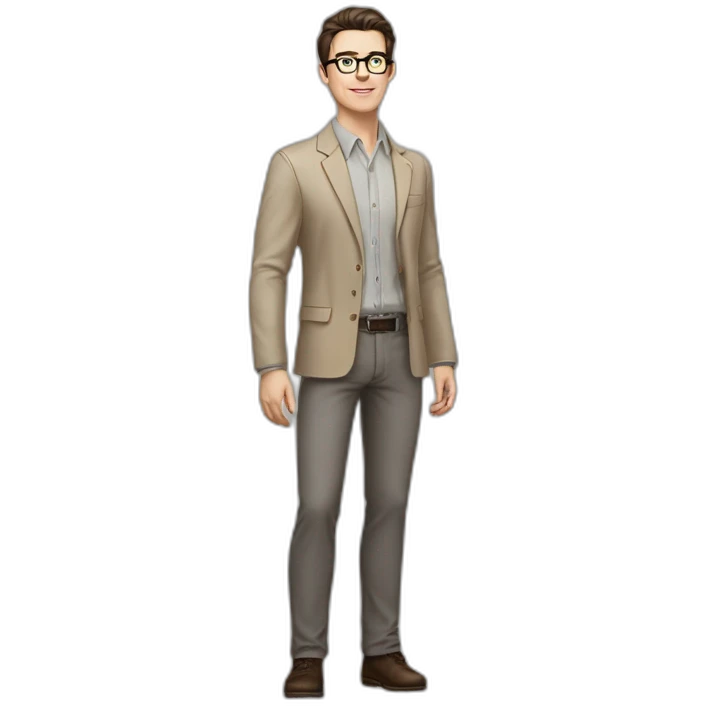 Full height Pale skinned Fit Man With dark brown hair in gray classic jacket, beige office shirt, Brown pants and vintage glasses. Thrumbs of his palms upwards emoji