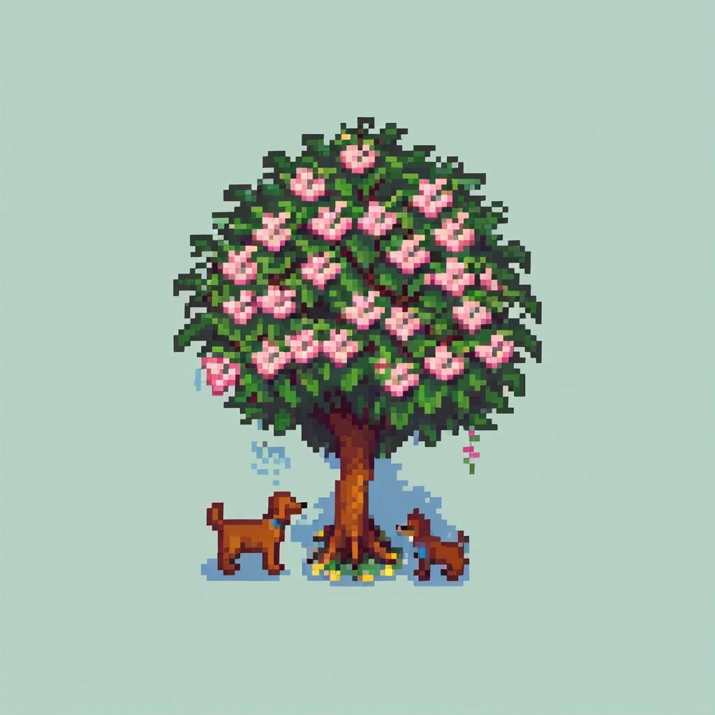 blooming tree with dogs playing around it emoji