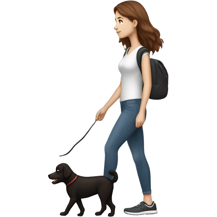 white girl with brown hair walking her black dog in the park while using her iPhone emoji
