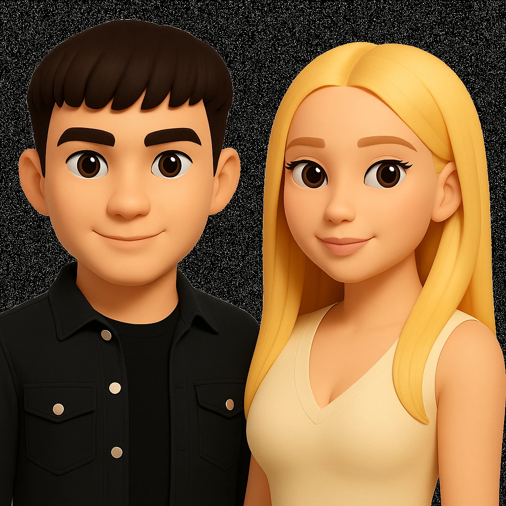 Slightly increase the volume of the upper body of the girl, separate the girl and the boy from each other, and make the skin color the same for both. Maintain the cartoonish 3D style in the edits. emoji