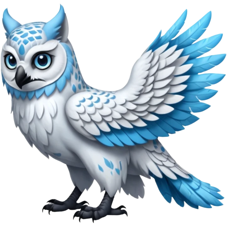 Long-big-beaked scaly beautiful pretty realistic Gryphon-Griffin-Snow-Leopard-Arctic-Fox-Arctic-Wolf-Snowy-Owl-fusion-hybrid-animal-creature, full body emoji