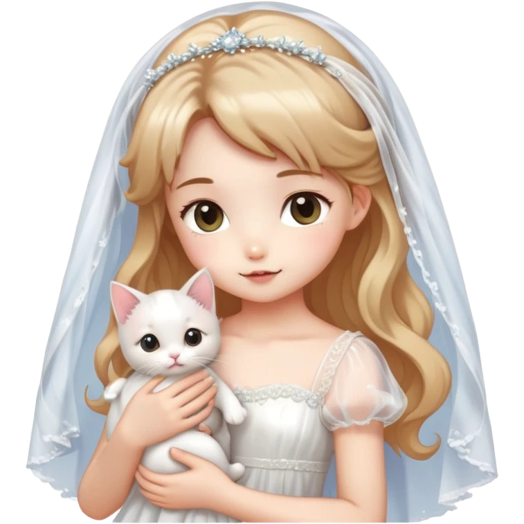 Very dreamy-beautiful-fashionable and elegant-wearing a wedding dress-wearing a veil-girl-holding a kitten-shiny-lady-soft style-kawaii-beautiful-hair-fairy style- emoji