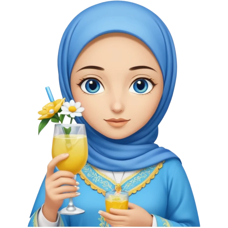 Turkish beautiful finish Konya girl blue eyes with blue hijab islamic dress and had on her hand white yellow flower mocktail emoji