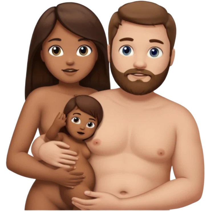 chubby white guy with brown hair and beard and blue eyes, holding a brown girl with long dark hair and brown eyes in arms, naked, showing tits and pussy emoji