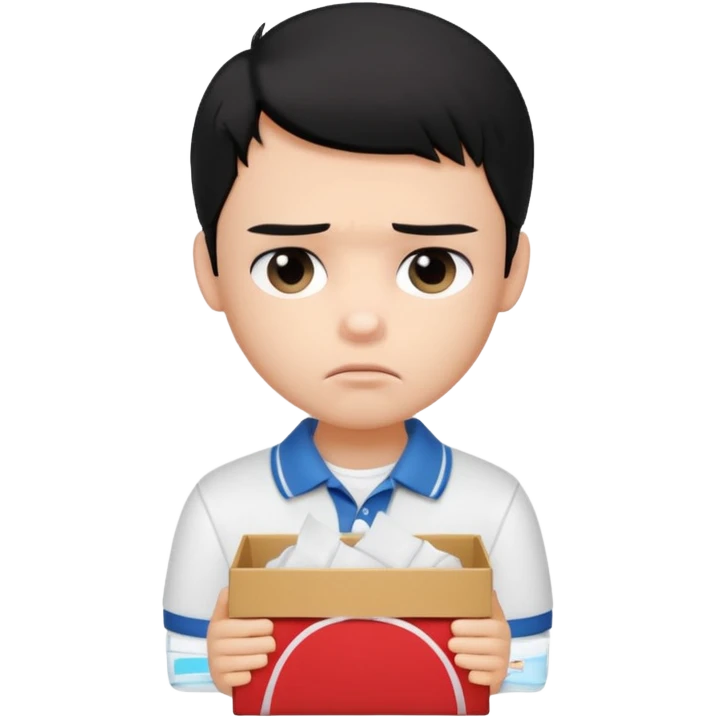 generate a pretty bratz boy with black hair, wearing a plain white polo shirt. Looking sad, holding a box of tissues emoji