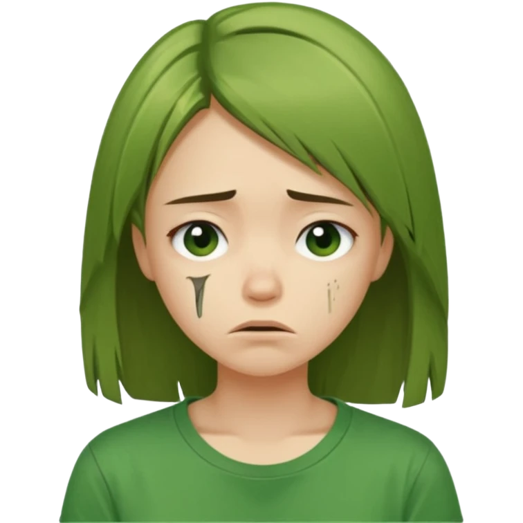 Chica joven con el pelo liso y dañado, descuidado, camiseta verde, con cara triste y desanimada emoji