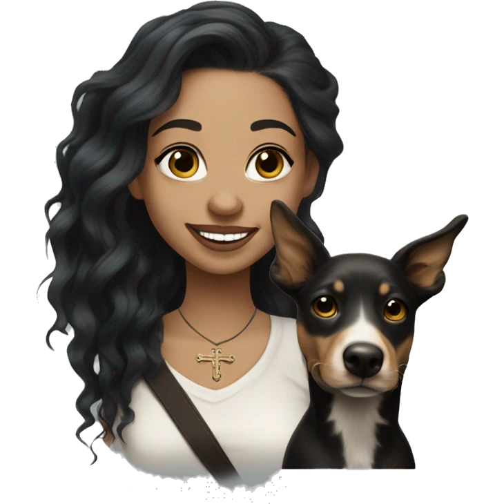 light skin woman with a face tattoo of a small cross near her eye and long wavy black hair expressing joy alongide a white and brown miniature kelpie emoji