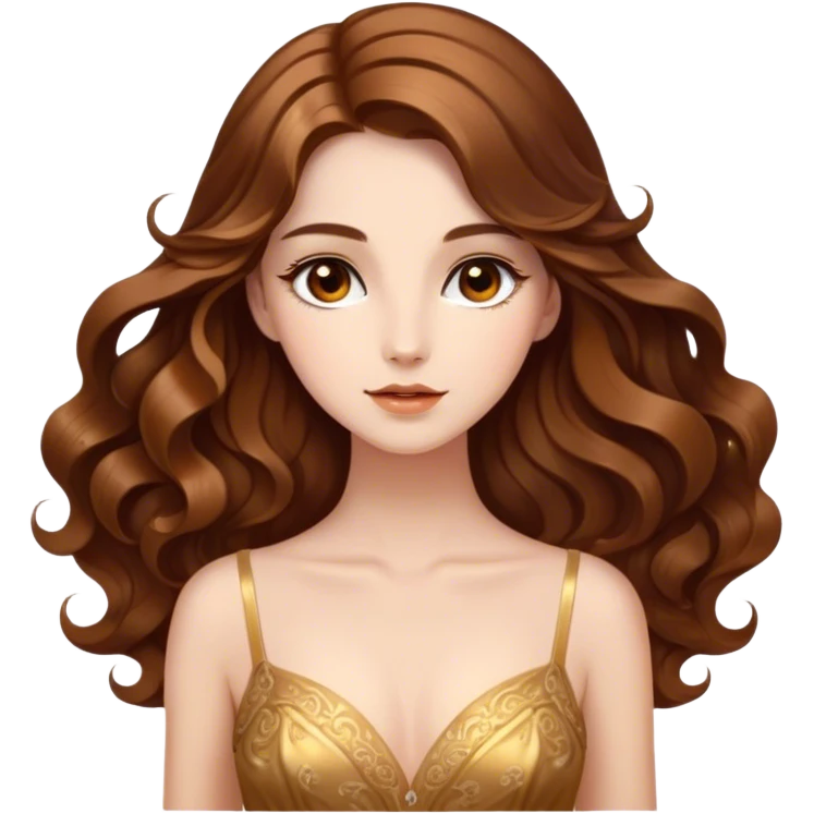 Cinematic Stunning Belle Portrait Emoji, Deep brown eyes full of curiosity, long chestnut hair flowing in soft waves, wearing her golden ballroom gown, glowing with warmth and elegance, a princess whose beauty is as radiant as her mind! emoji