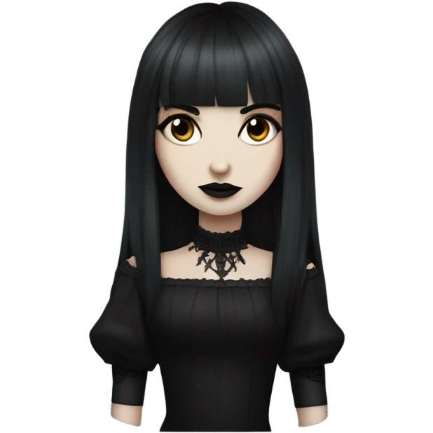 portrait one single goth women with pure white skin, dark hair, long hair, short bangs, dark makeup, gothic detailed dress bell arms  emoji