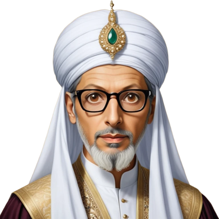 Jeff Goldblum no glasses as a regal portrait dressed as suleiman-the-magnificent,-depicted-as-a-regal-ottoman-sultan-adorned-with-a-large,-white,-round,-tall-turban-and-a-majestic-grey-beard,-his-commanding-gaze-bathed-in-warm,-historic-lighting-that-exudes-time with a large beard **no glasses* emoji
