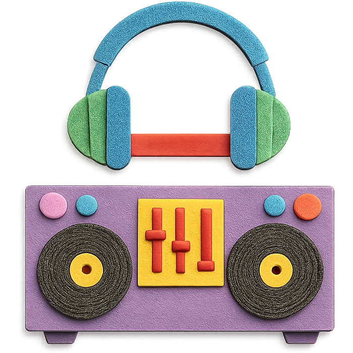 DJ booth with records, headphones, and lights, playful colors emoji