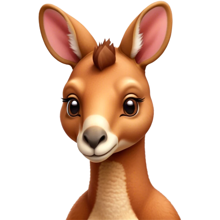 Cinematic Cute Adult Red Kangaroo Portrait Emoji, Head tilted playfully and inquisitively, showcasing a charming, robust build with soft reddish fur and a uniquely camel-like head featuring a gentle, elongated snout and rounded ears, with large, sparkling eyes full of wonder, Simplified yet irresistibly adorable features, highly detailed, glowing with a warm, friendly glow, high shine, affectionate and lively, stylized with a touch of outback whimsy, soft glowing outline, capturing the essence of a mischievous yet loving kangaroo that seems as if it could hop out of the screen into your arms! emoji