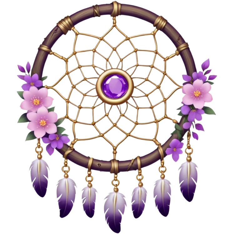 A white Dreamcatcher with purple-round-orb-stones, gold-ring-accents, purple tint flowers, pink sakura flowers, emoji