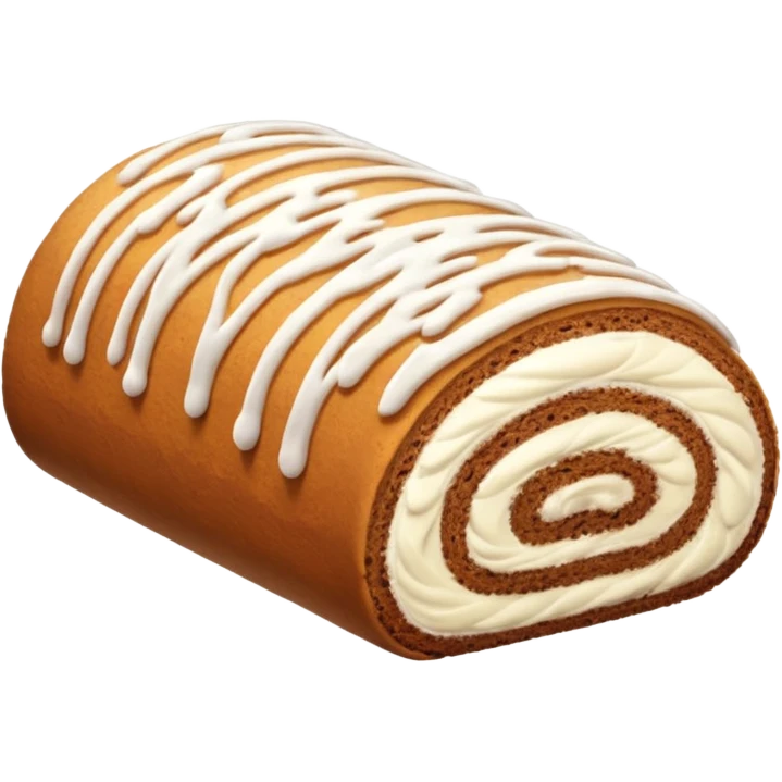 Brown cake roll with white drizzle frosting on top emoji