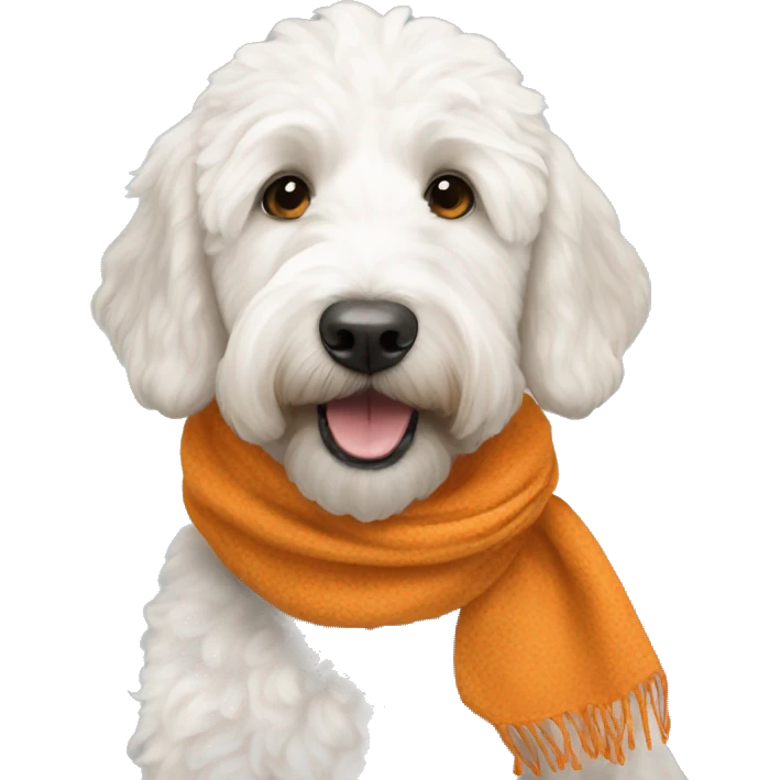White Goldendoodle with a orange scarf  emoji