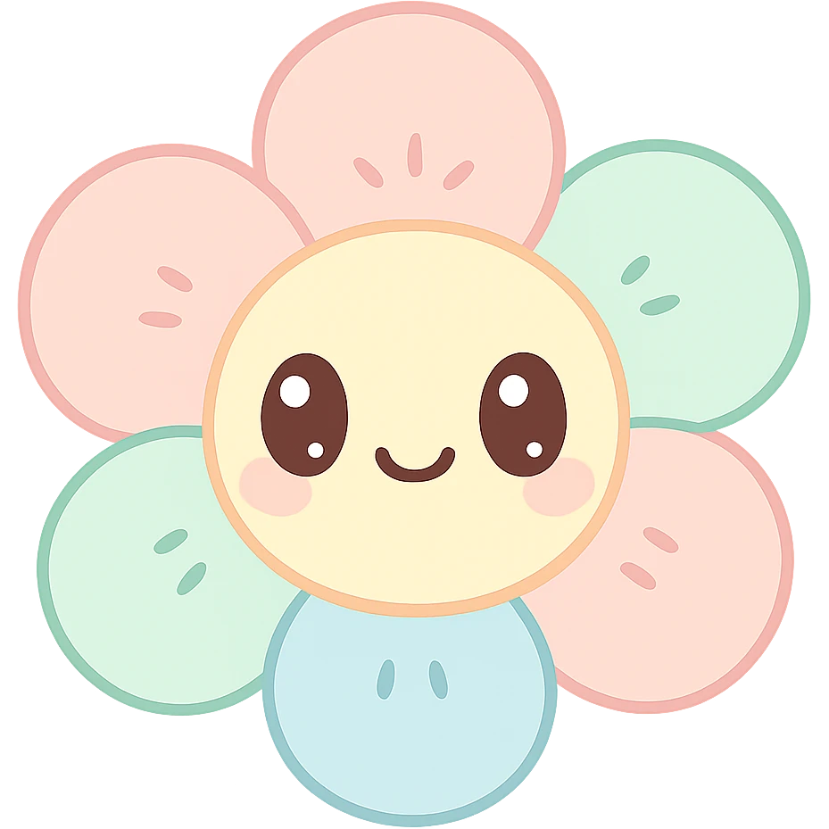 a kawaii plush flower, chubby petals, embroidered details, and a happy face emoji