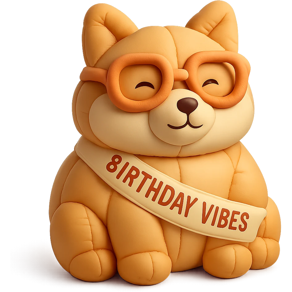 Shiba Inu wearing a "Birthday Vibes" sash and glasses, cushion style, transparent background emoji