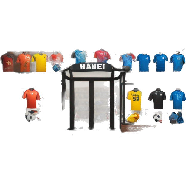 “Soccer store exterior with bold signage, large windows showcasing football gear, jerseys, and accessories, and a dynamic, athletic design reflecting the energy of the sport.” emoji