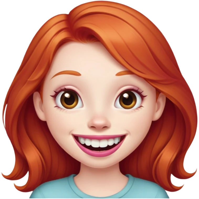 Young girl with pale skin, full pink lips smiling with big teeth, ginger red hair (very long), bigger nose, extra large brown eyes (very big eyes), big mouth emoji