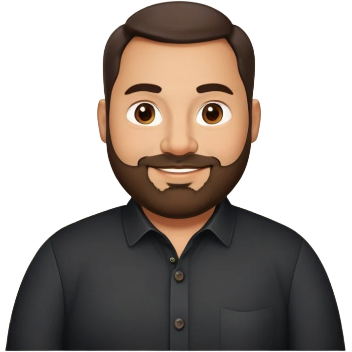 Very stocky businessman in his 40s with light brown skin, pear-shaped face, full cheeks, warm friendly smile, kind welcoming eyes, thick eyebrows, wide nose, short full beard, short dark hair, wearing a black button-up shirt emoji