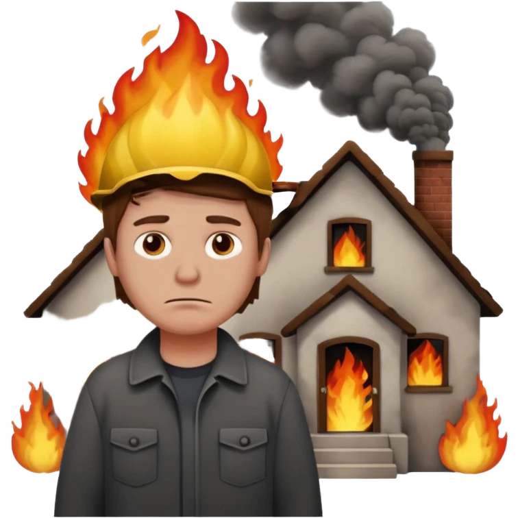 sad man standing with a house on fire behind him, more smoke, apple style emoji emoji